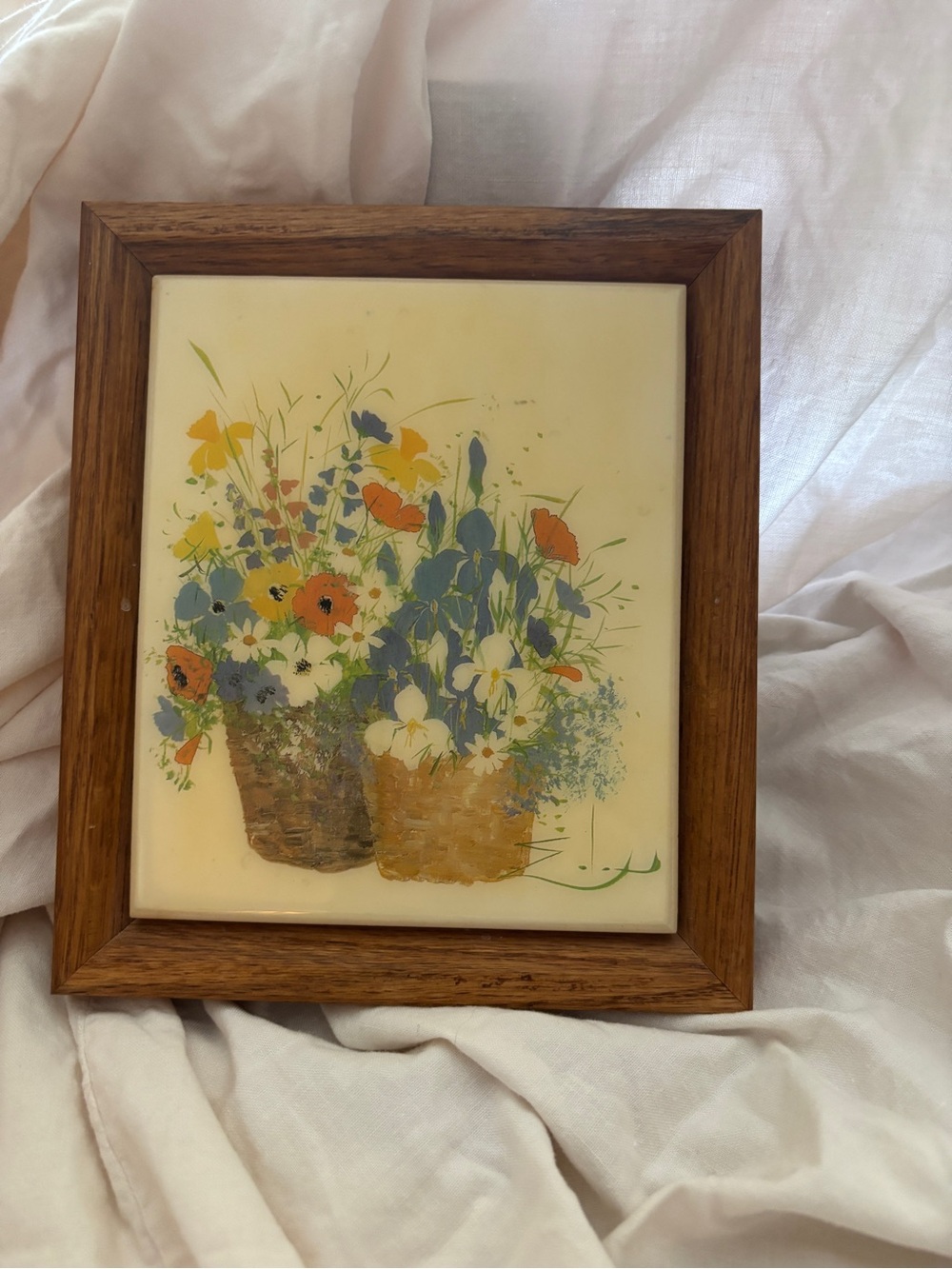 Cottage Core Floral Basket Tile Wall Art in Oak Frame